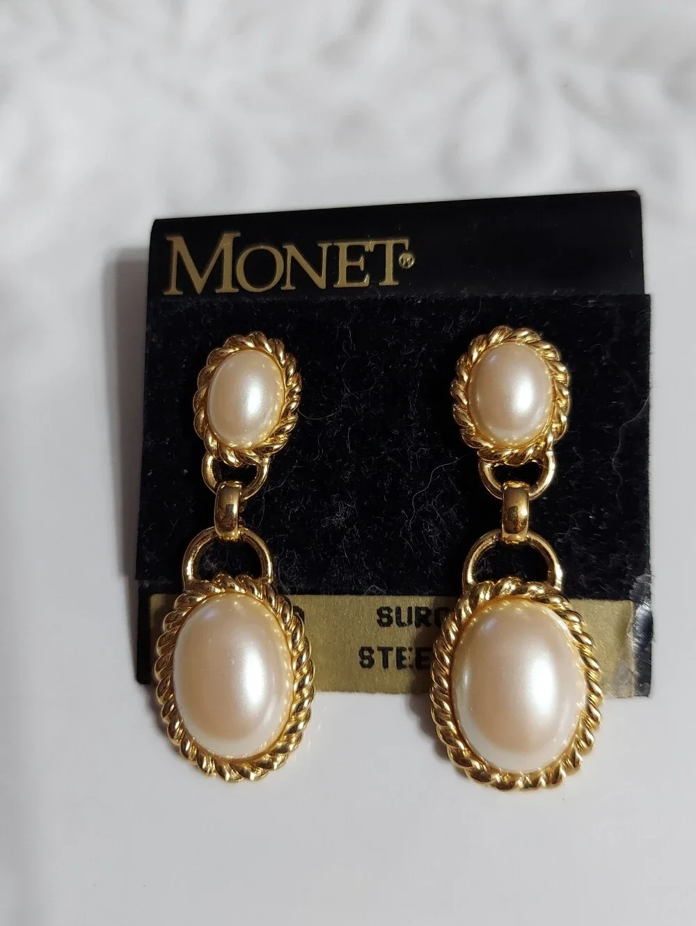 Monet Vintage Textured Gold Tone/Oval Faux Pearl Dbl Drop Earrings